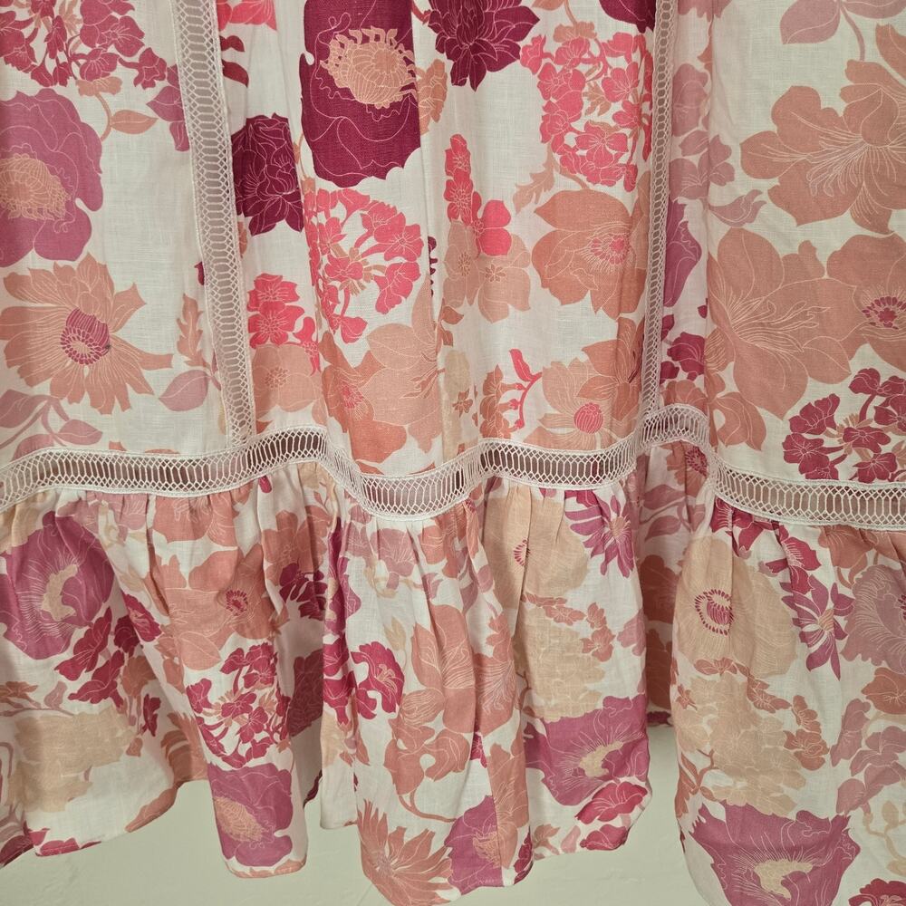 Ted Baker Denissa Linen Floral Midi Dress Pink Lace Cut Out Bishop Sleeve US 6 - Picture 9 of 15